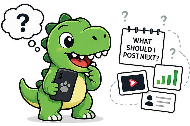 A cartoon T-Rex on his phone, wondering what to post next