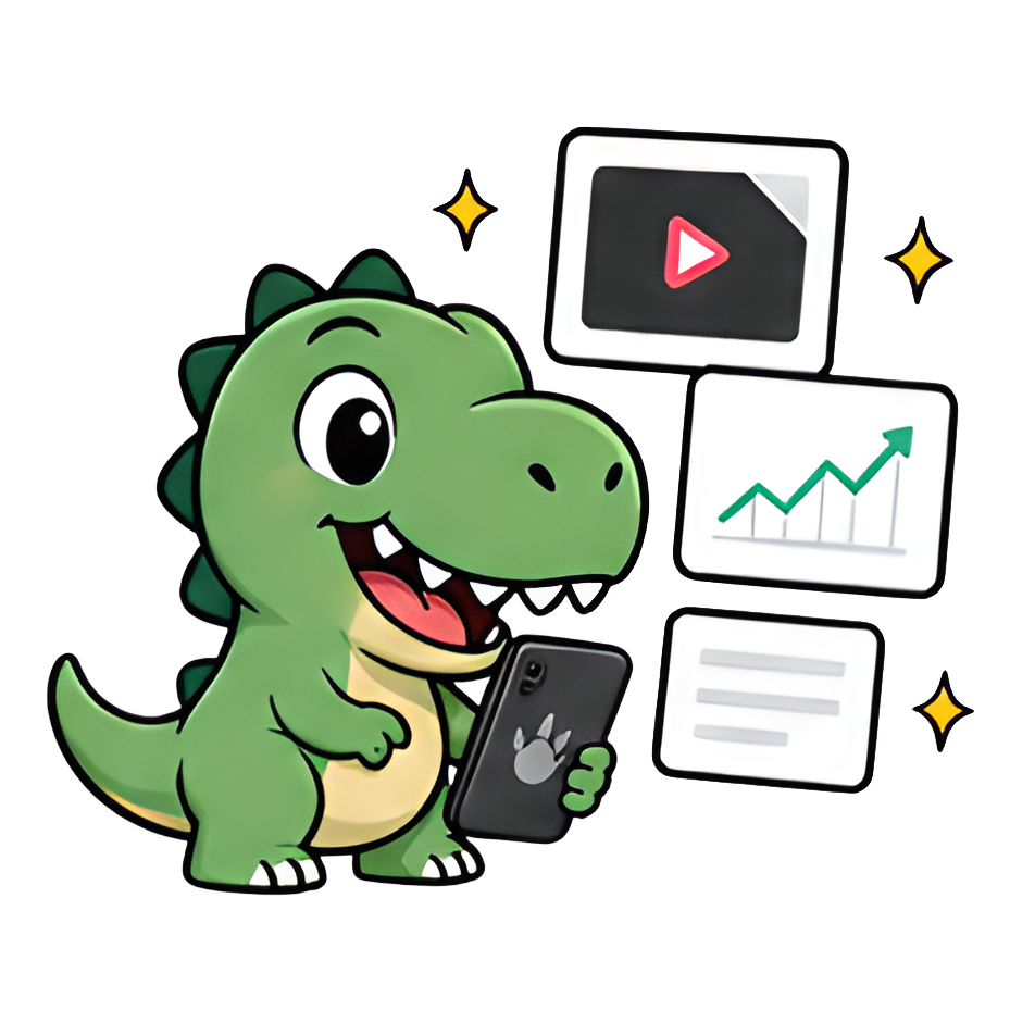 A cartoon T-Rex with a phone and analytics cards
